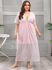 Plus Size Mesh V-neck Lace Sheer Lounge Wear Nightdress Sai Feel