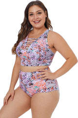 Plus Size Multicolored Neck Detail Two Piece Swimwear Sai Feel