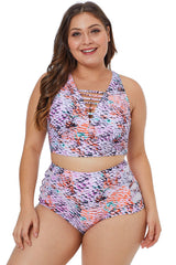 Plus Size Multicolored Neck Detail Two Piece Swimwear Sai Feel
