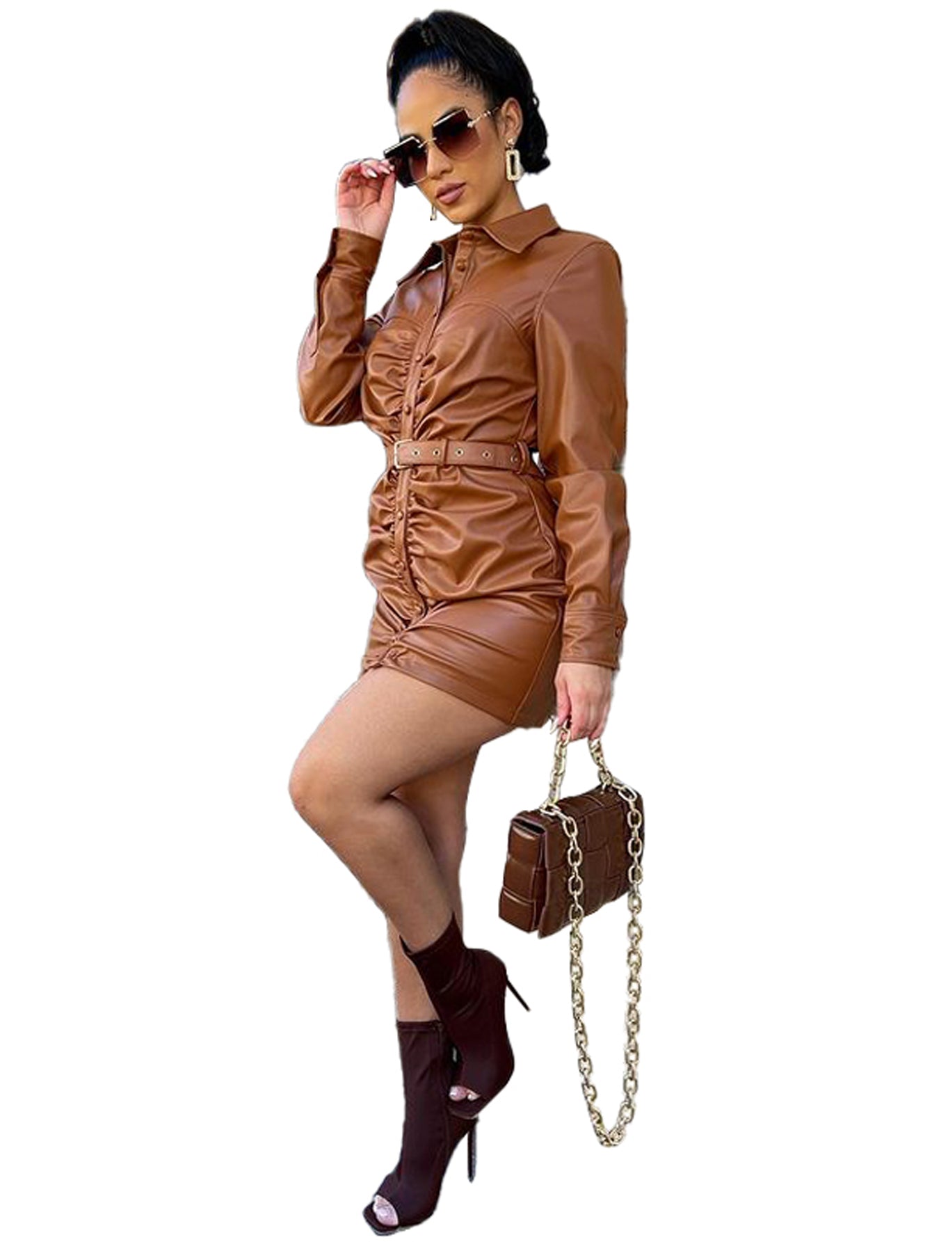 Plus Size PU Leather Button Up Dress With Belt Sai Feel