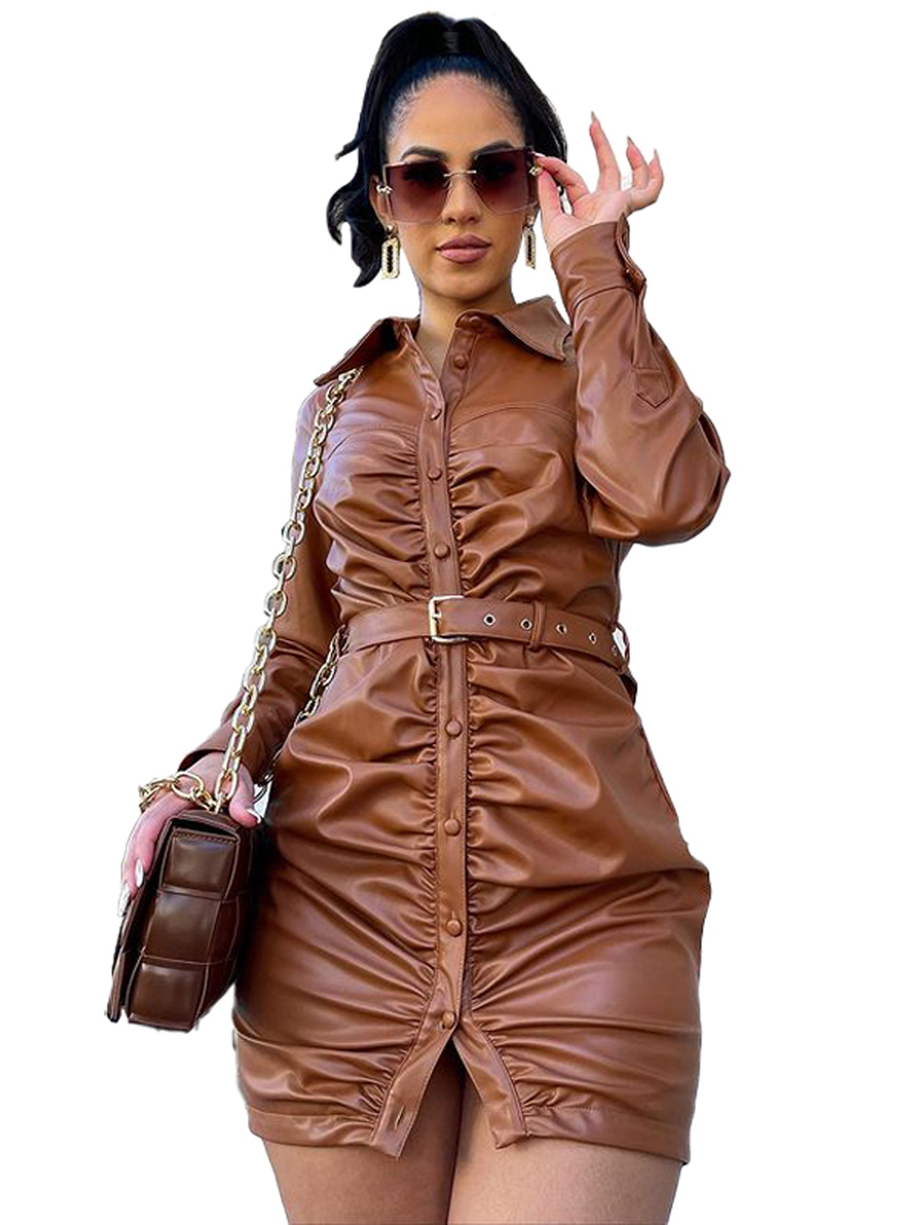 Plus Size PU Leather Button Up Dress With Belt Sai Feel