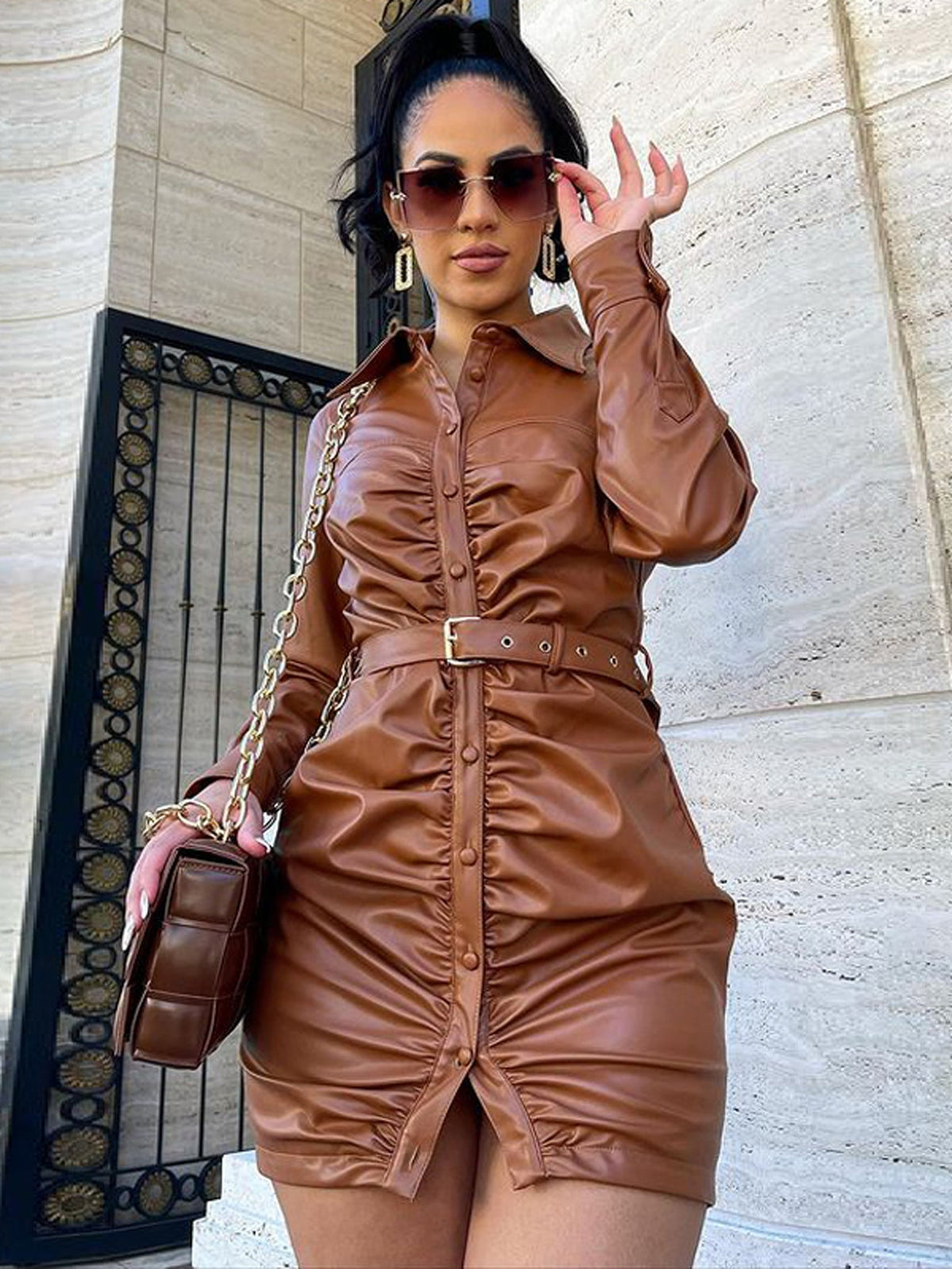 Plus Size PU Leather Button Up Dress With Belt Sai Feel