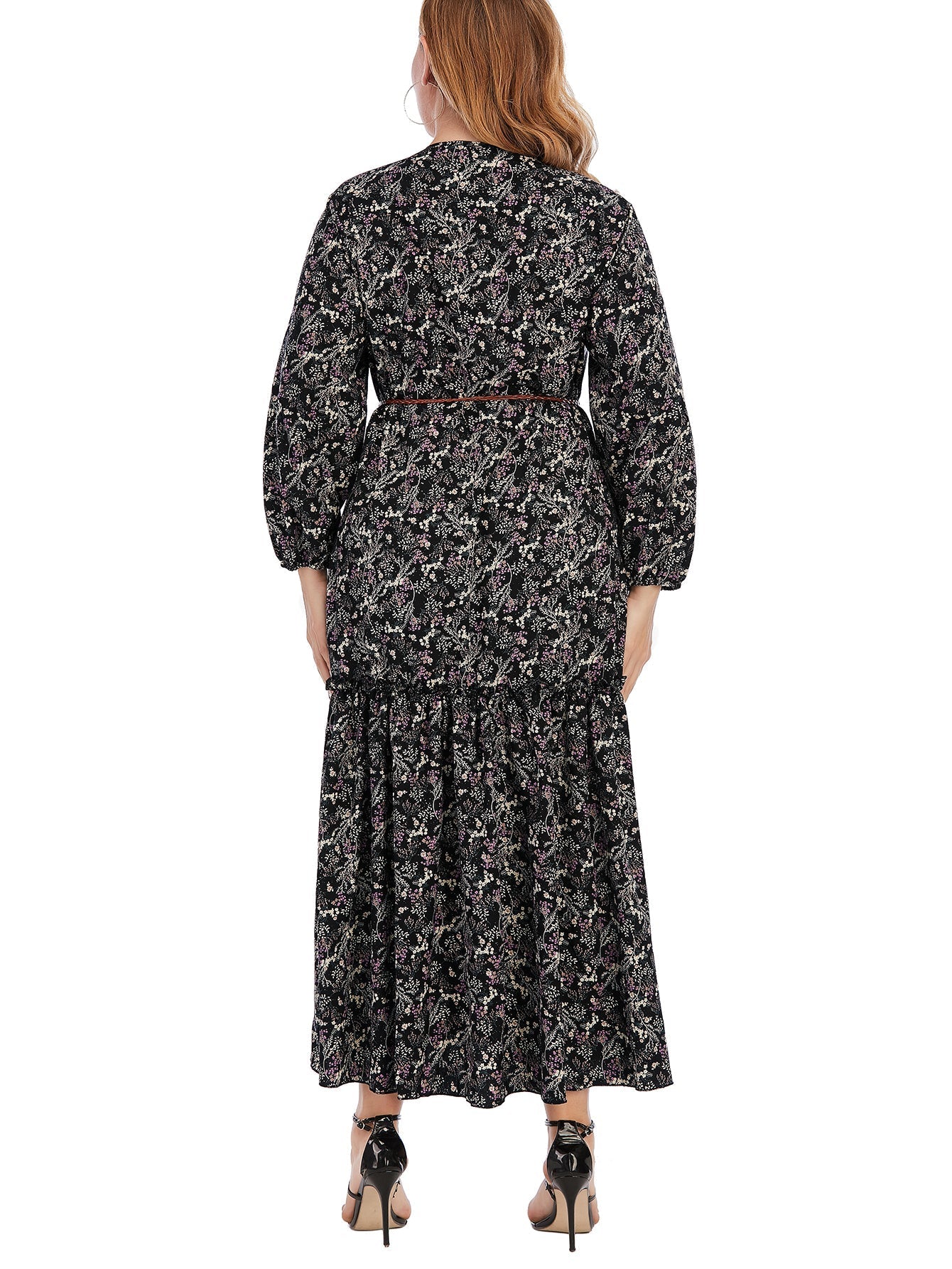 Plus Size Paisley Print Ruffled Hem Maxi Dress with Waist Belt Sai Feel