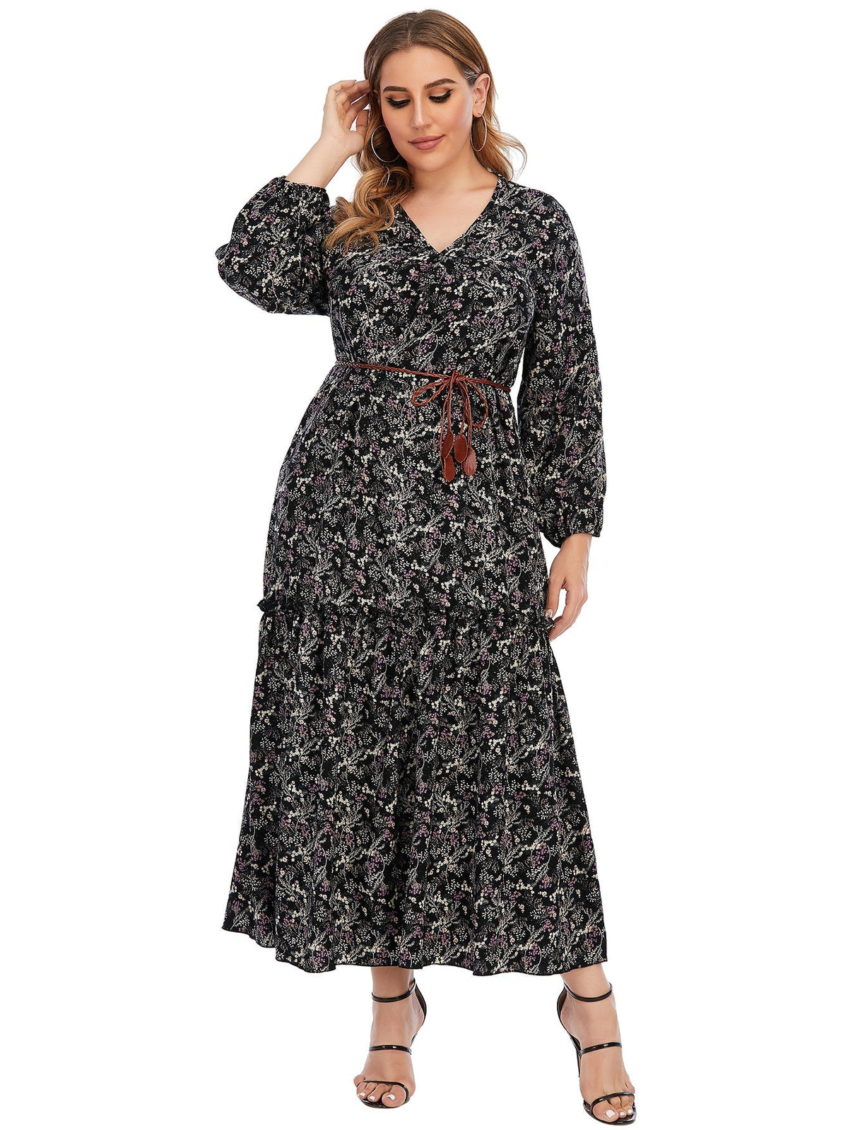 Plus Size Paisley Print Ruffled Hem Maxi Dress with Waist Belt Sai Feel
