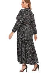 Plus Size Paisley Print Ruffled Hem Maxi Dress with Waist Belt Sai Feel