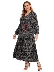 Plus Size Paisley Print Ruffled Hem Maxi Dress with Waist Belt Sai Feel