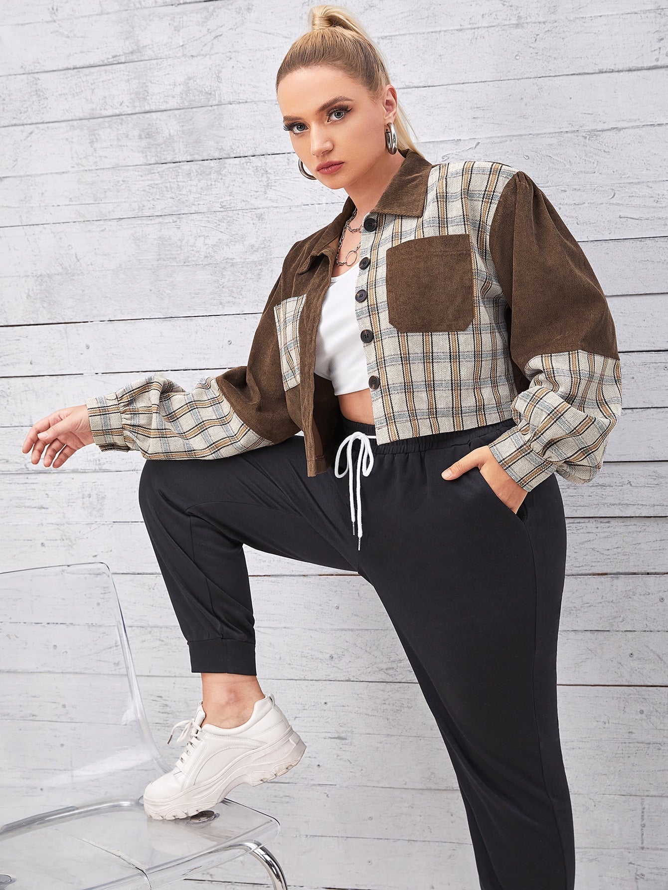 Plus Size Plaid Button Front Jacket Sai Feel