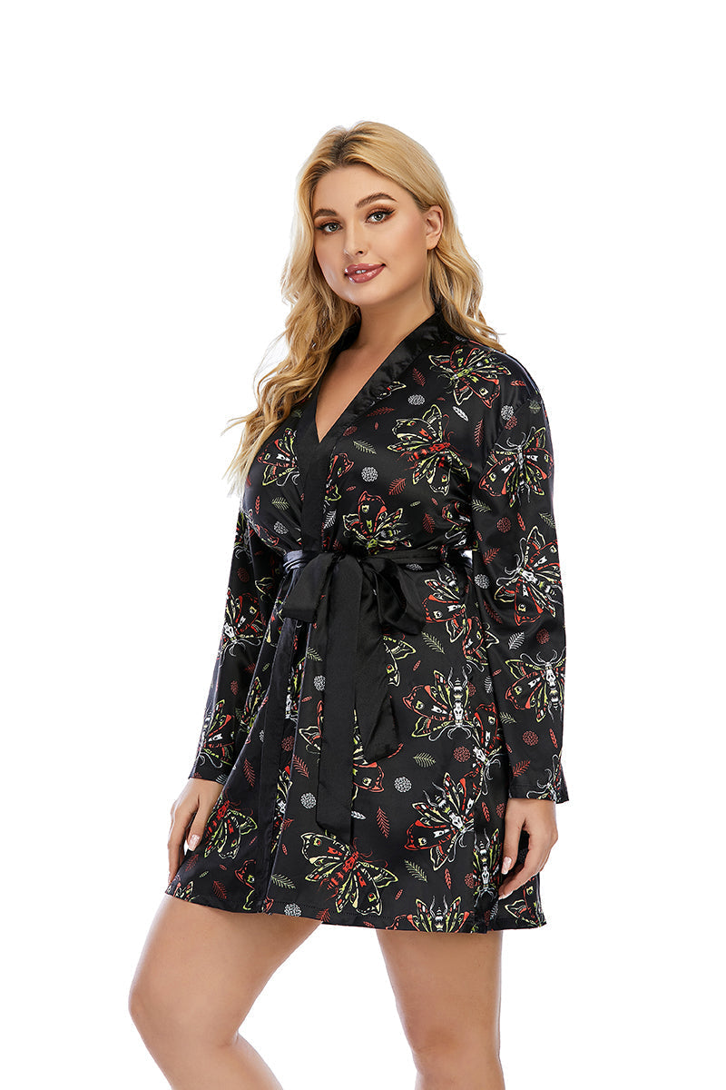 Plus Size Printed Satin Lounge Wear Pajamas Robe Sai Feel