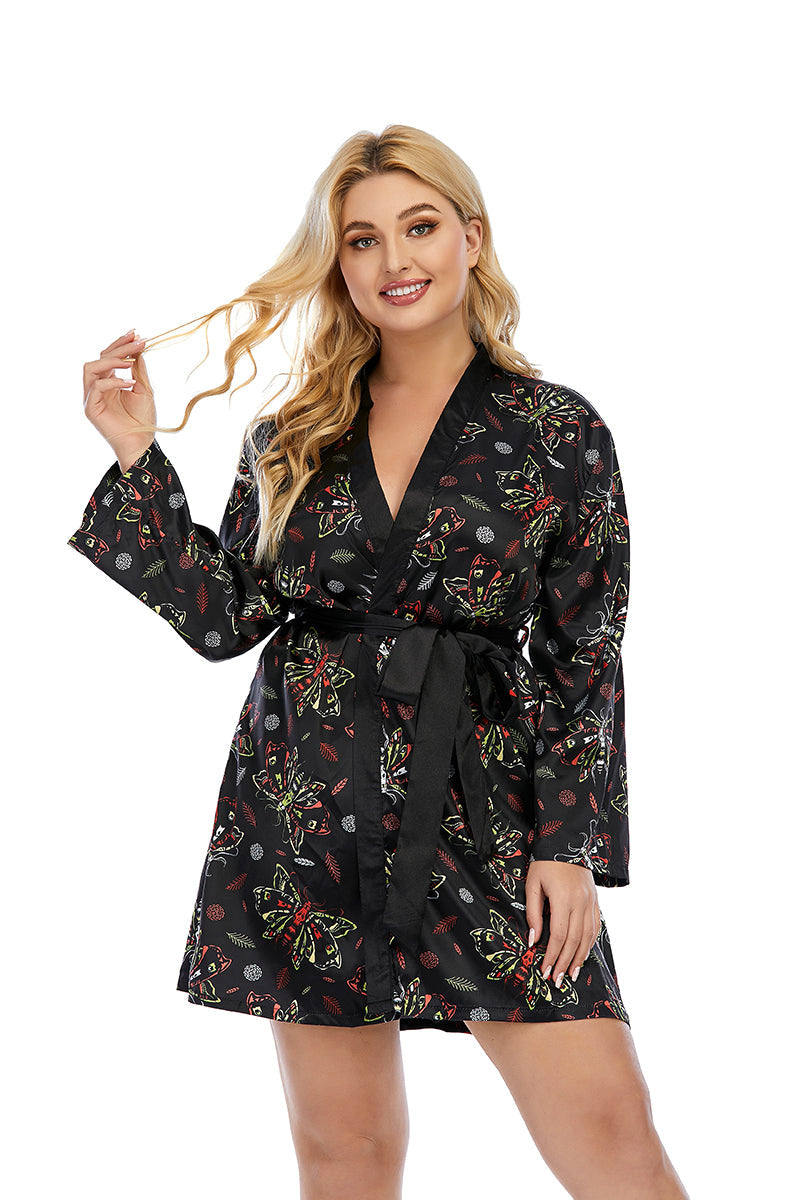 Plus Size Printed Satin Lounge Wear Pajamas Robe Sai Feel