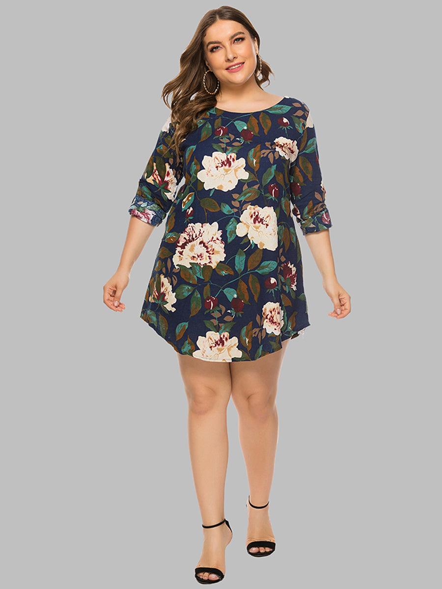 Plus Size Round  Neck Leaf Print Dresses Sai Feel