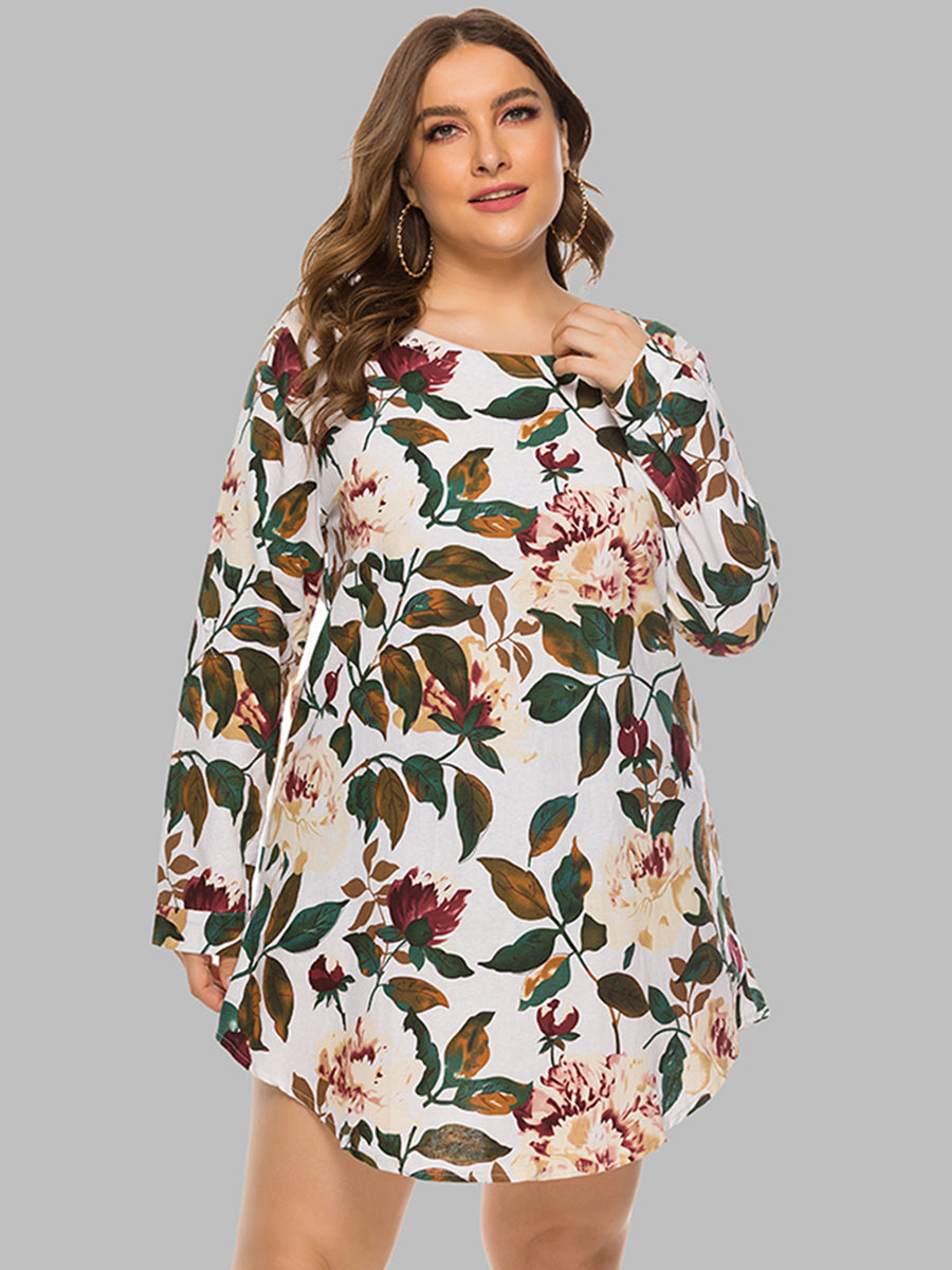 Plus Size Round  Neck Leaf Print Dresses Sai Feel