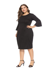 Plus Size Round Neck Pagoda Sleeve Solid Color Midi Dress For Women Sai Feel