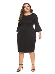 Plus Size Round Neck Pagoda Sleeve Solid Color Midi Dress For Women Sai Feel