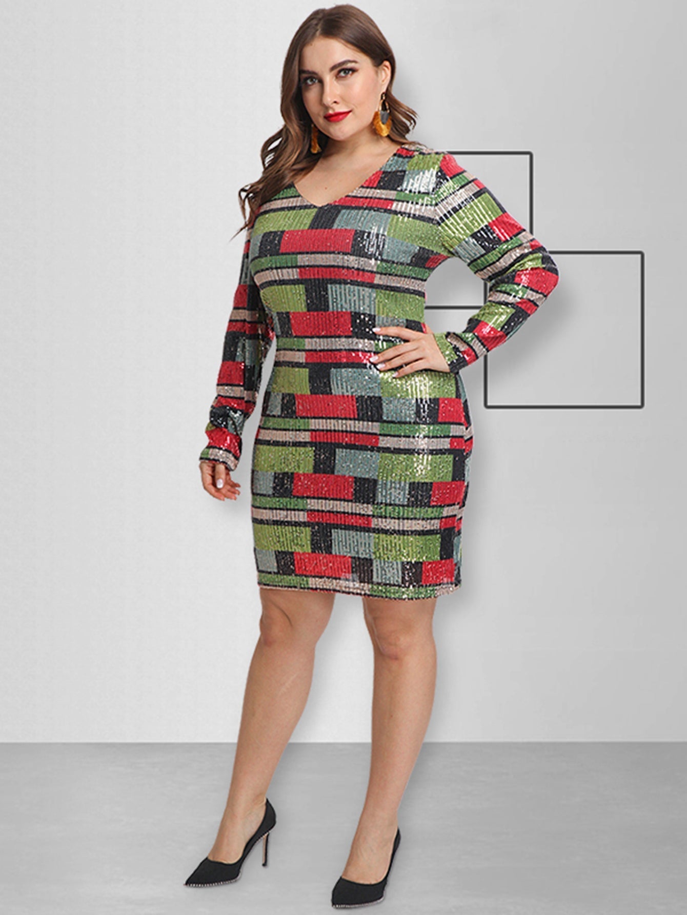 Plus Size Sequins Geometric Pattern Bodycon Dress Sai Feel