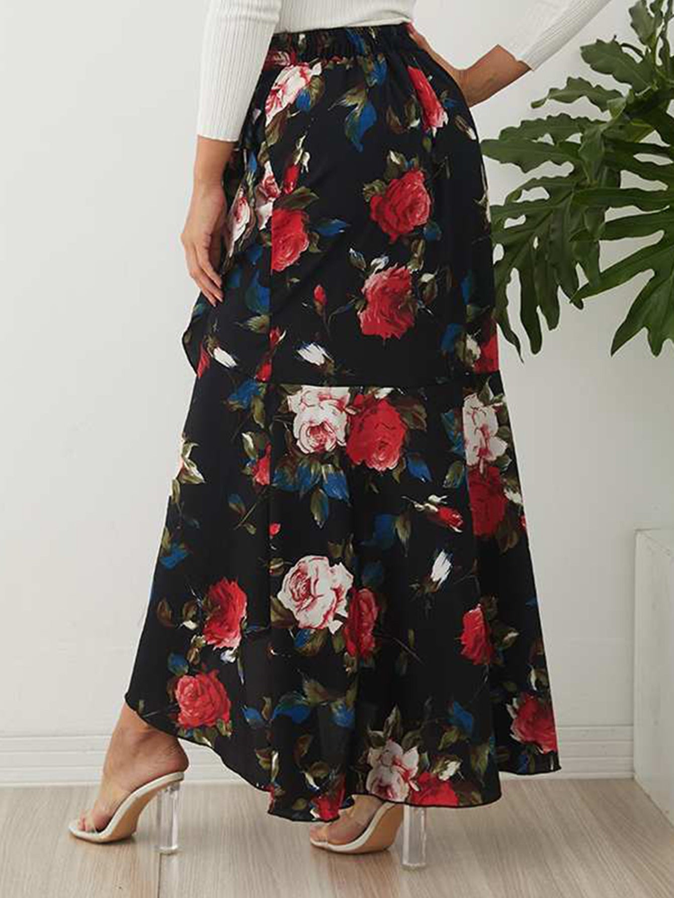 Plus Size Slit Flora Printing Skirt Sai Feel