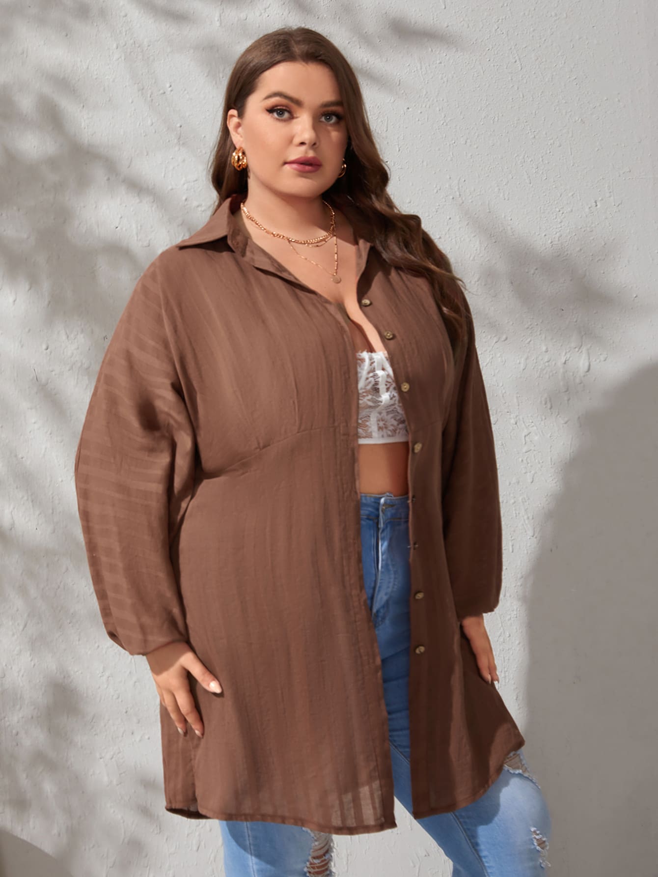 Plus Size Solid Button Front Shirt Sai Feel