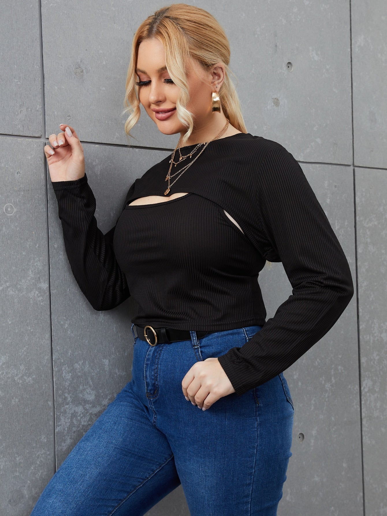 Plus Size Solid Cami Top & Sleeve Crop Top Set Sai Feel