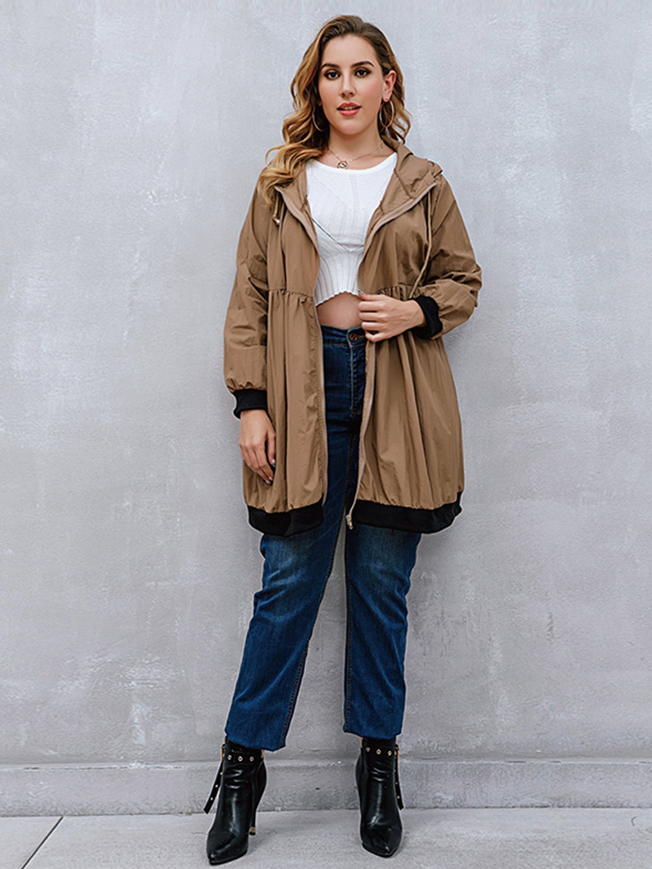 Plus Size Solid Cardigan Hooded Jacket Sai Feel