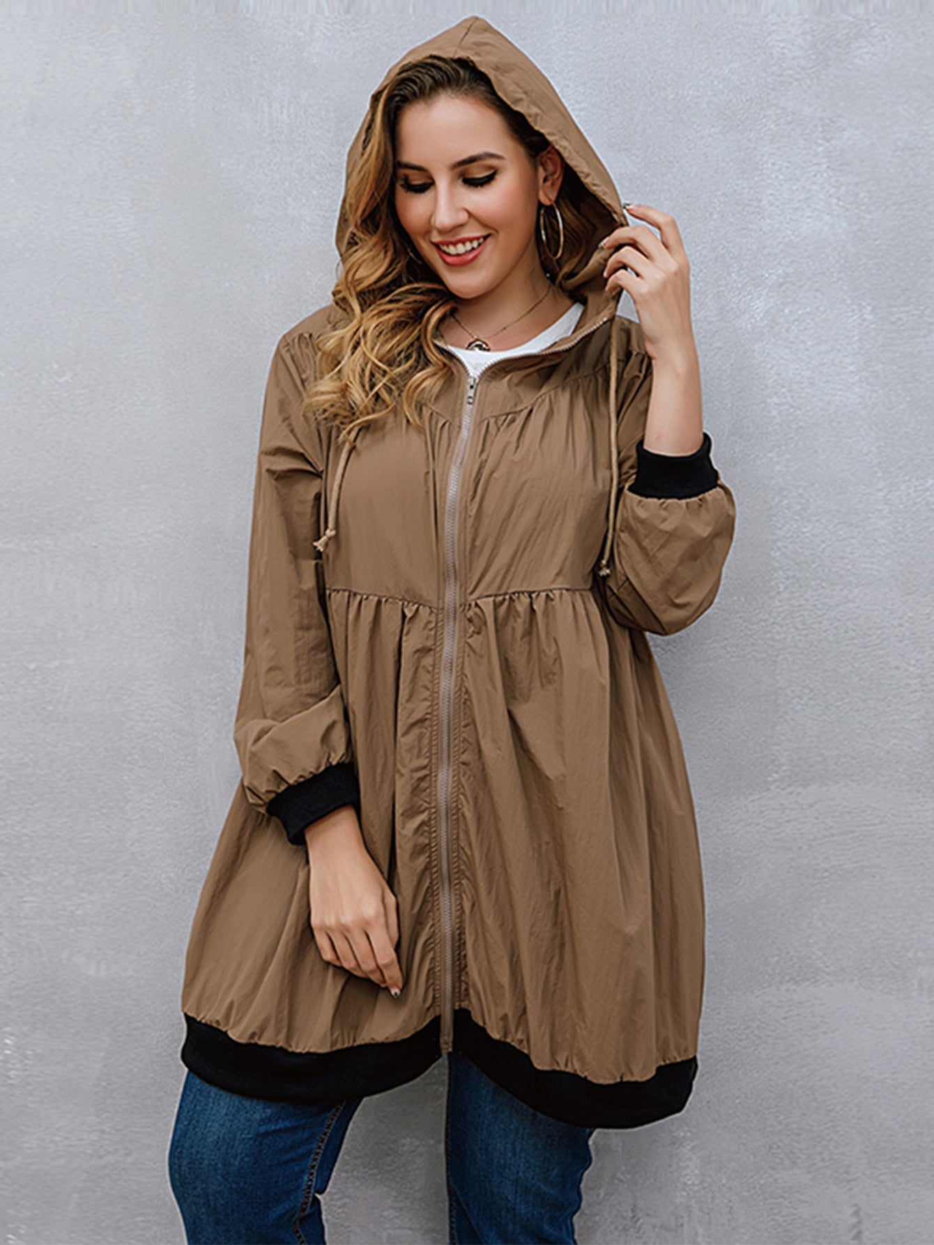 Plus Size Solid Cardigan Hooded Jacket Sai Feel