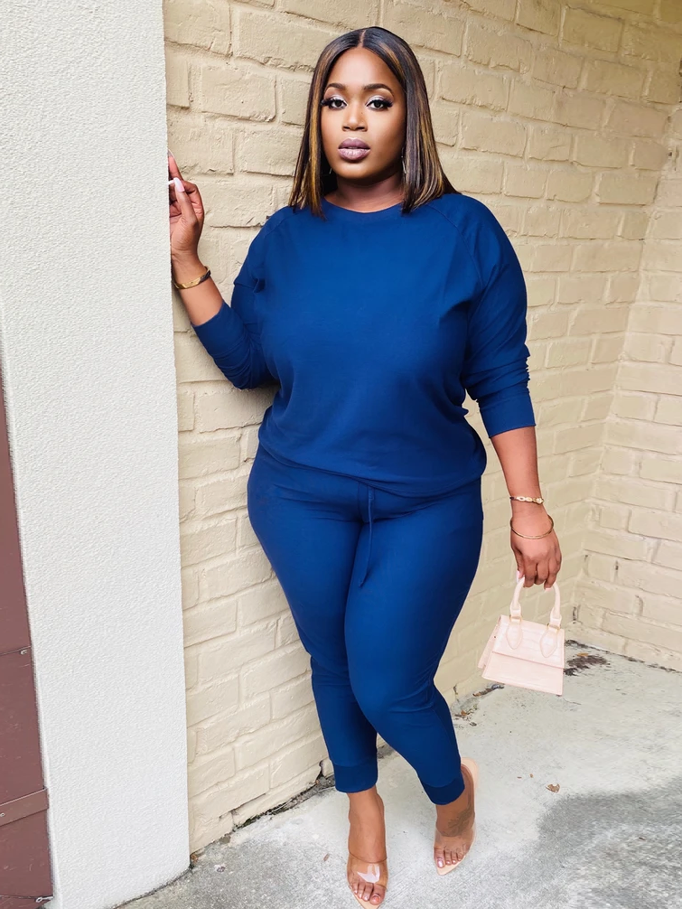 Plus Size Solid Sweatshirt & Pants Set Sai Feel