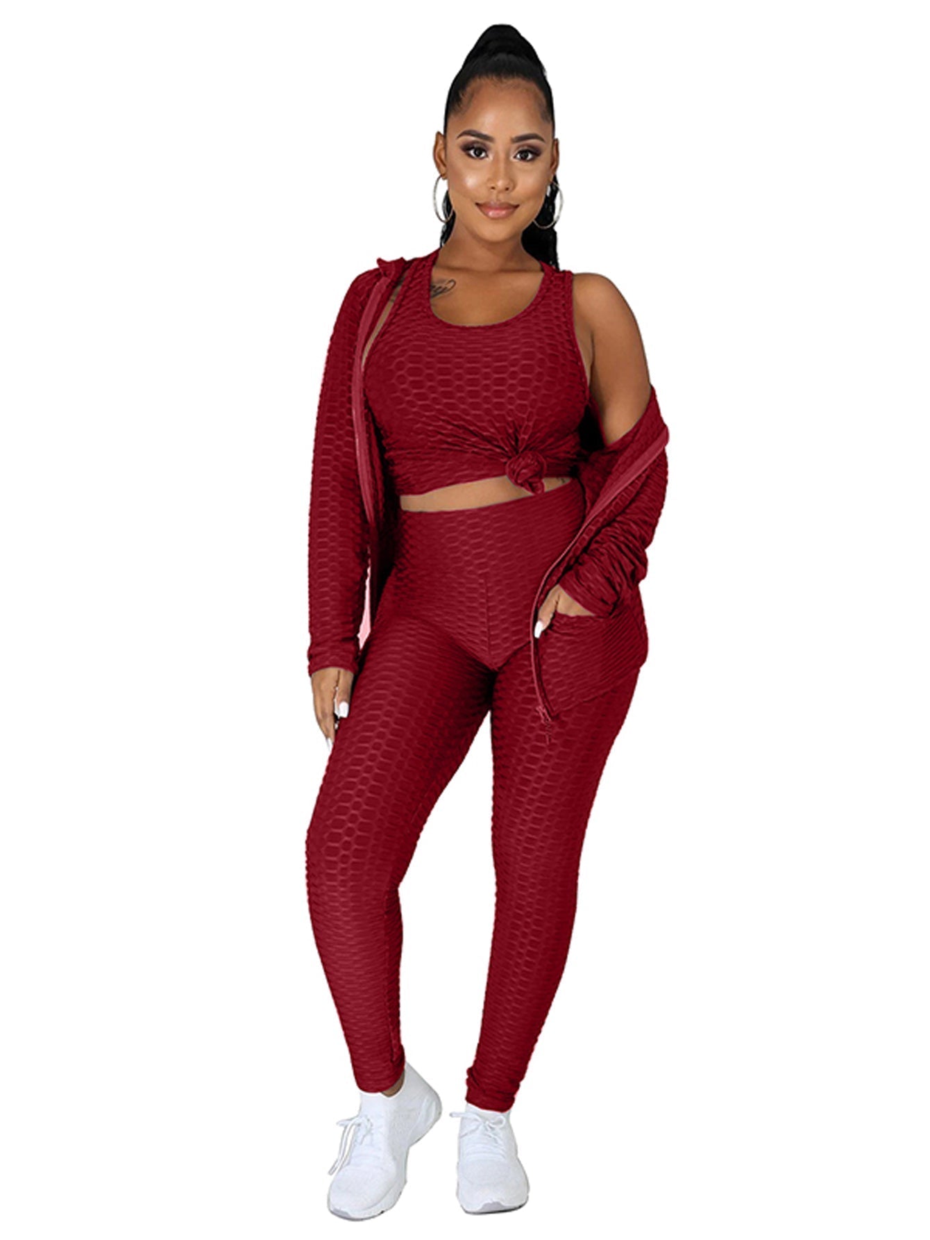 Plus Size Solid Tank Top &Hoodie&Legging Set Sai Feel