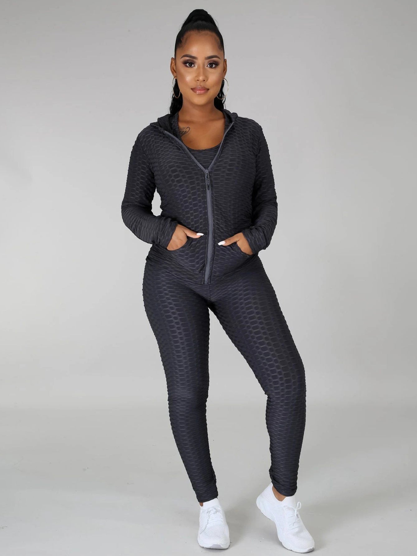 Plus Size Solid Tank Top &Hoodie&Legging Set Sai Feel