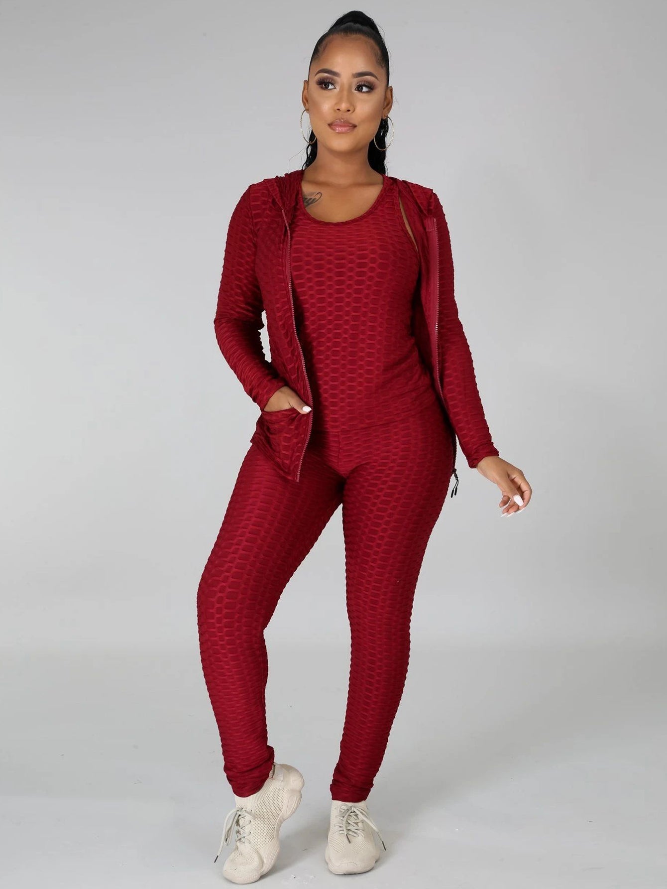 Plus Size Solid Tank Top &Hoodie&Legging Set Sai Feel