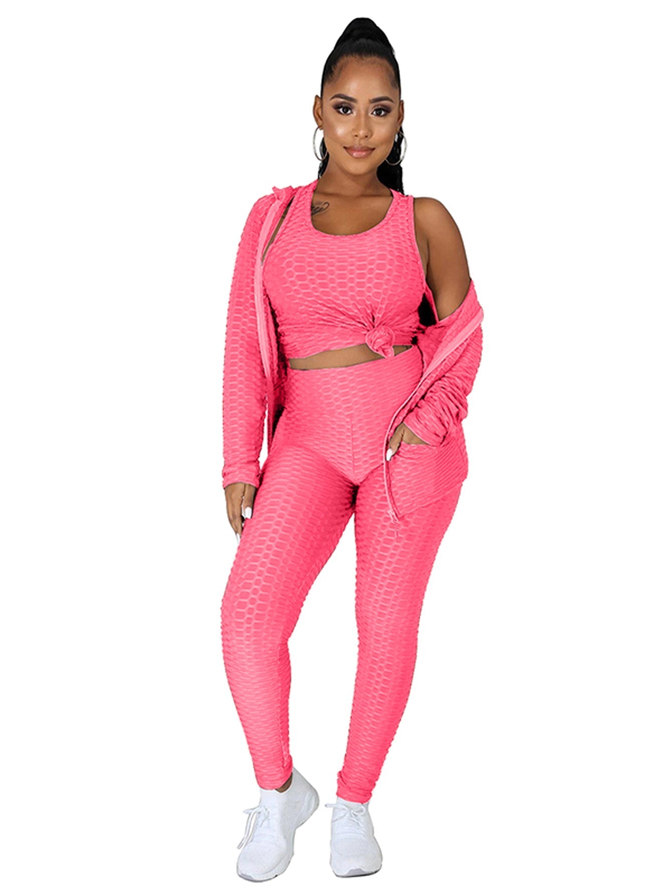 Plus Size Solid Tank Top &Hoodie&Legging Set Sai Feel