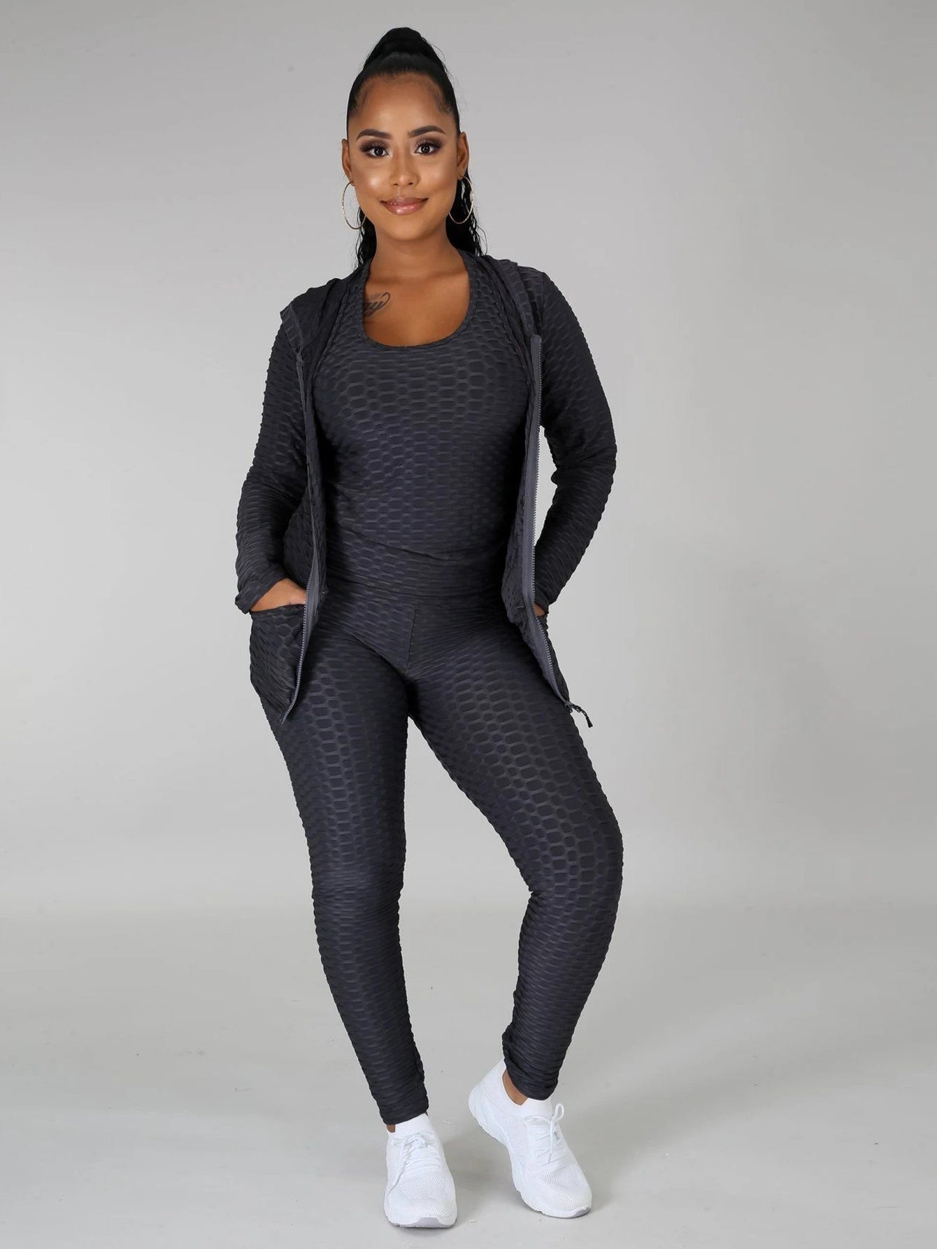 Plus Size Solid Tank Top &Hoodie&Legging Set Sai Feel