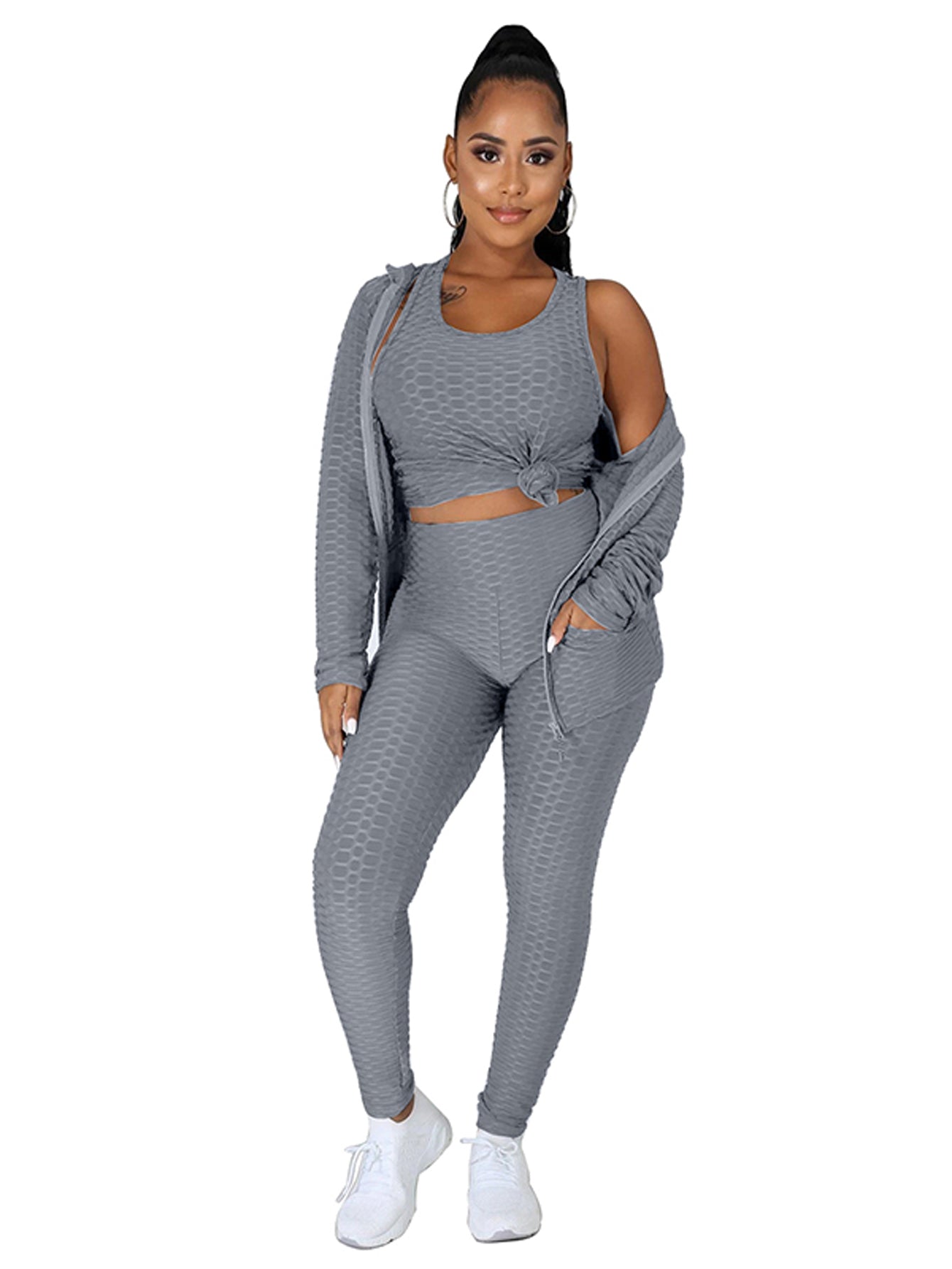 Plus Size Solid Tank Top &Hoodie&Legging Set Sai Feel