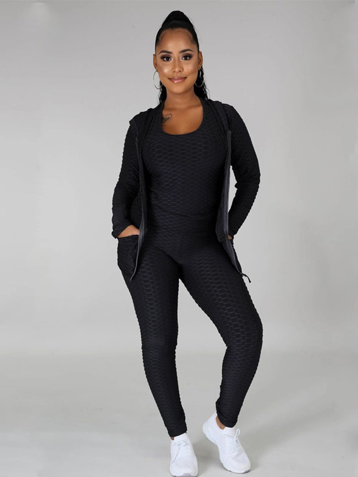 Plus Size Solid Tank Top &Hoodie&Legging Set Sai Feel