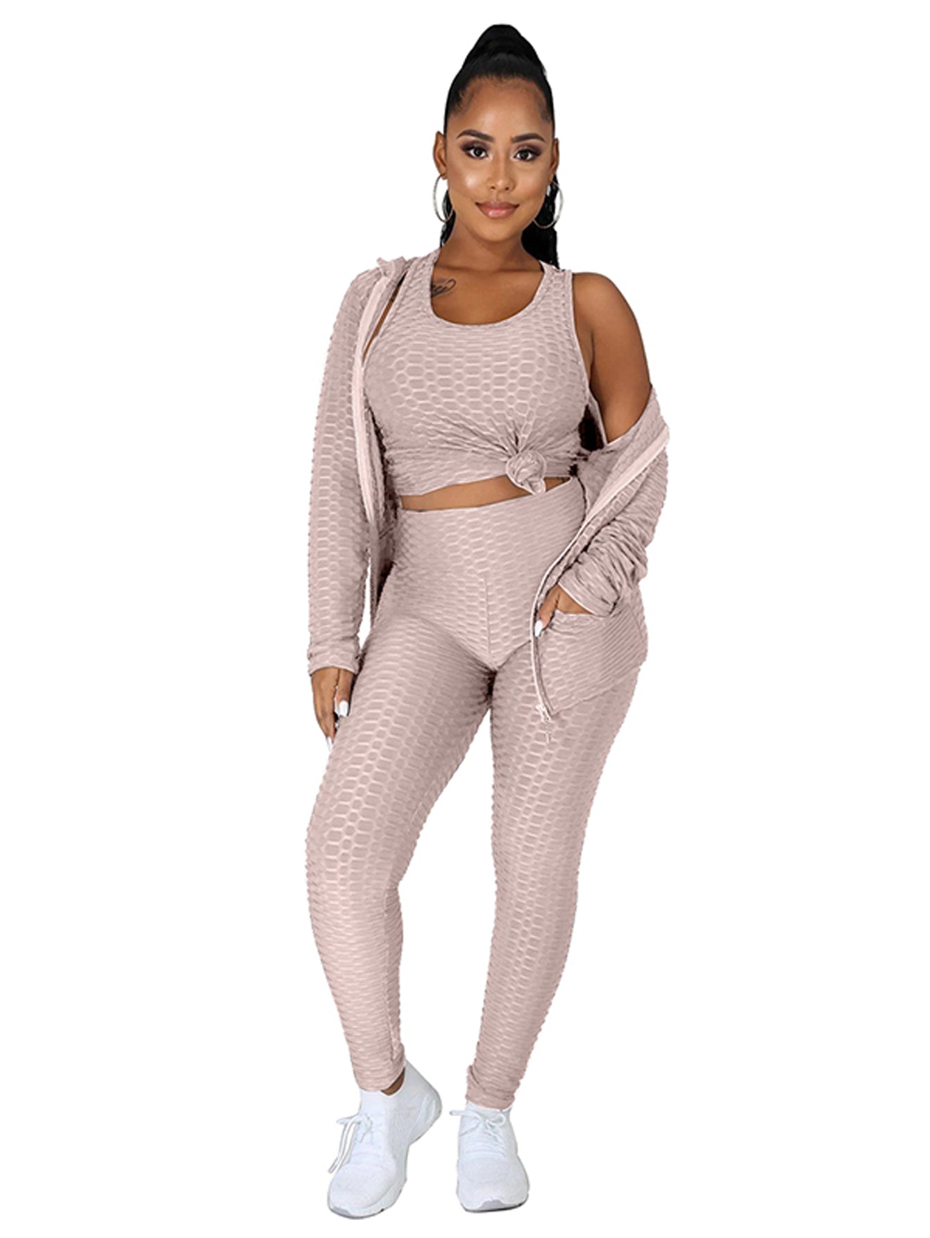 Plus Size Solid Tank Top &Hoodie&Legging Set Sai Feel