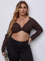 Plus Size Solid V Neck Crop Top Sai Feel