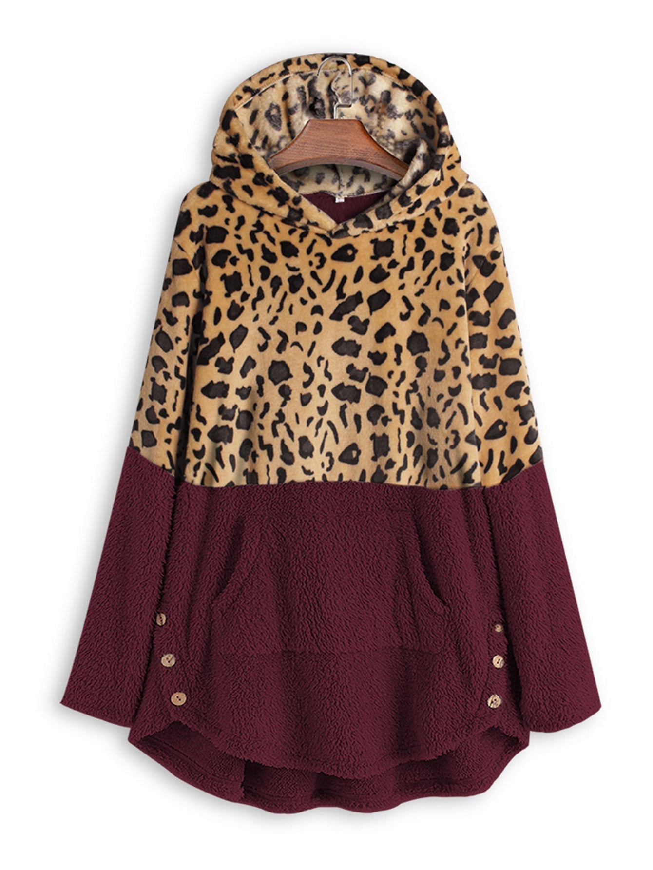 Plus Size Splic Leopard Long Sleeve Plush Hoodie Sai Feel