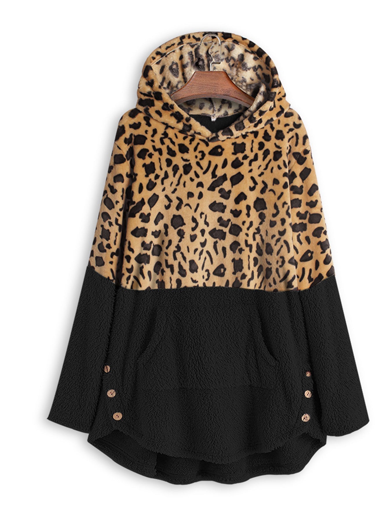 Plus Size Splic Leopard Long Sleeve Plush Hoodie Sai Feel