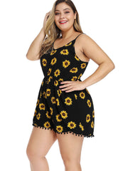 Plus Size Sunflower Print Elastic Waist Cami Jumpsuit Sai Feel