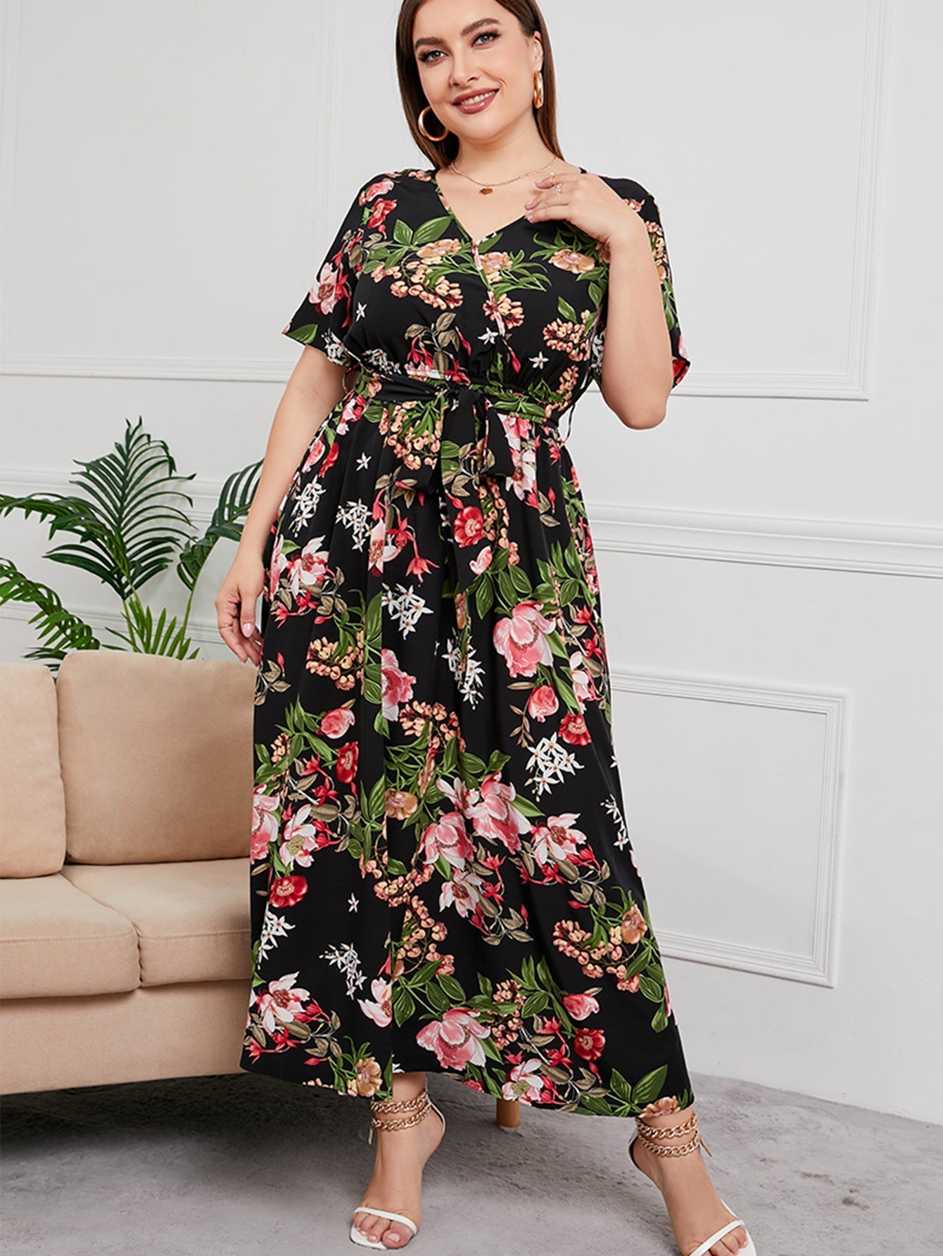 Plus Size Surplice Neck Floral Dress Sai Feel