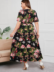 Plus Size Surplice Neck Floral Dress Sai Feel