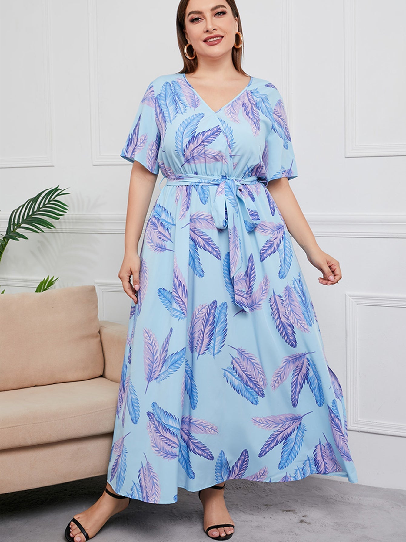 Plus Size Surplice Neck Floral Dress Sai Feel