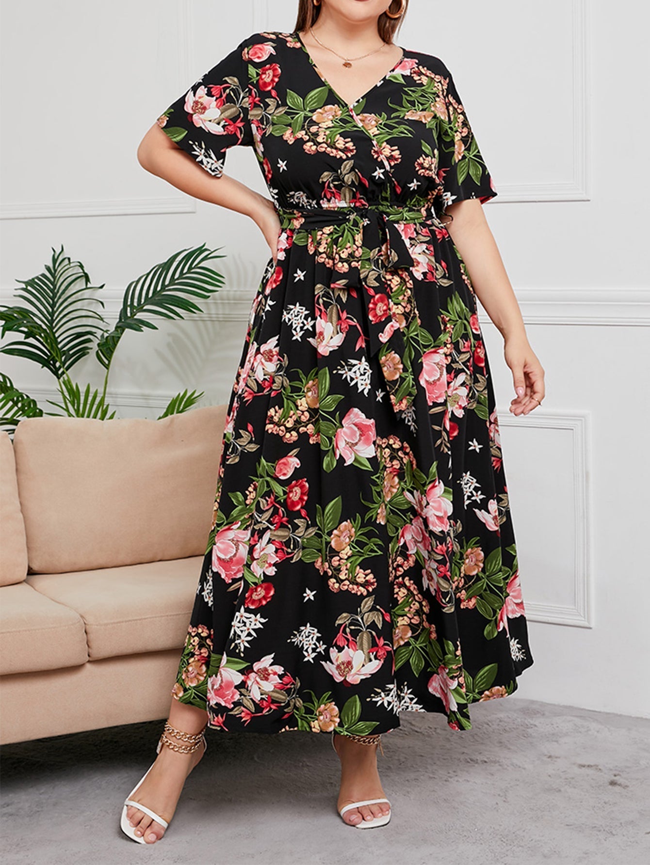 Plus Size Surplice Neck Floral Dress Sai Feel