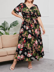 Plus Size Surplice Neck Floral Dress Sai Feel