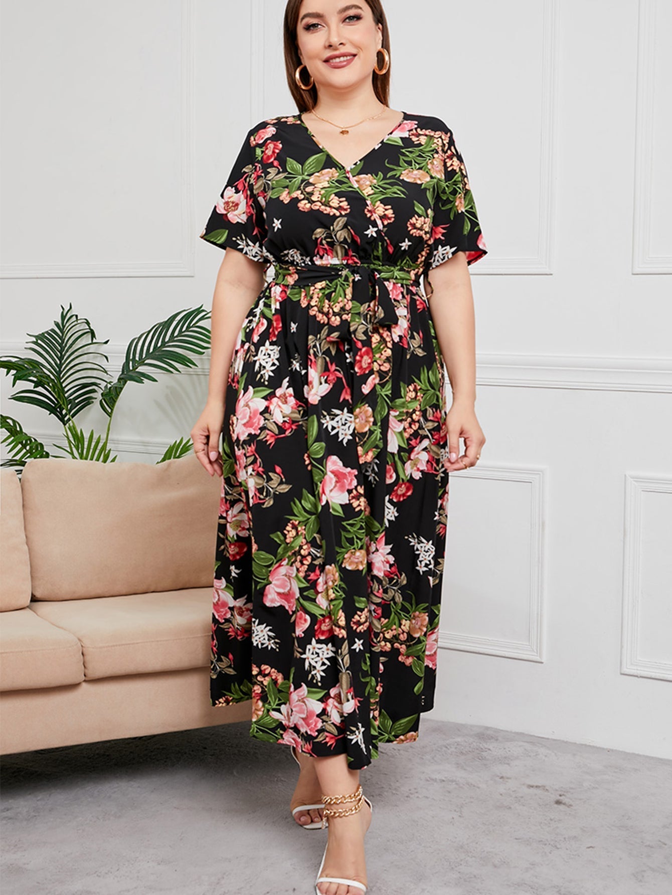 Plus Size Surplice Neck Floral Dress Sai Feel