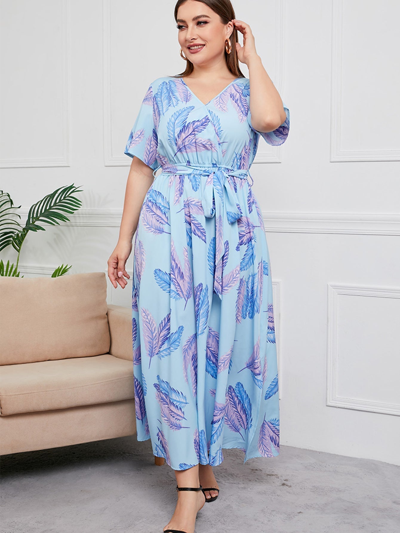 Plus Size Surplice Neck Floral Dress Sai Feel