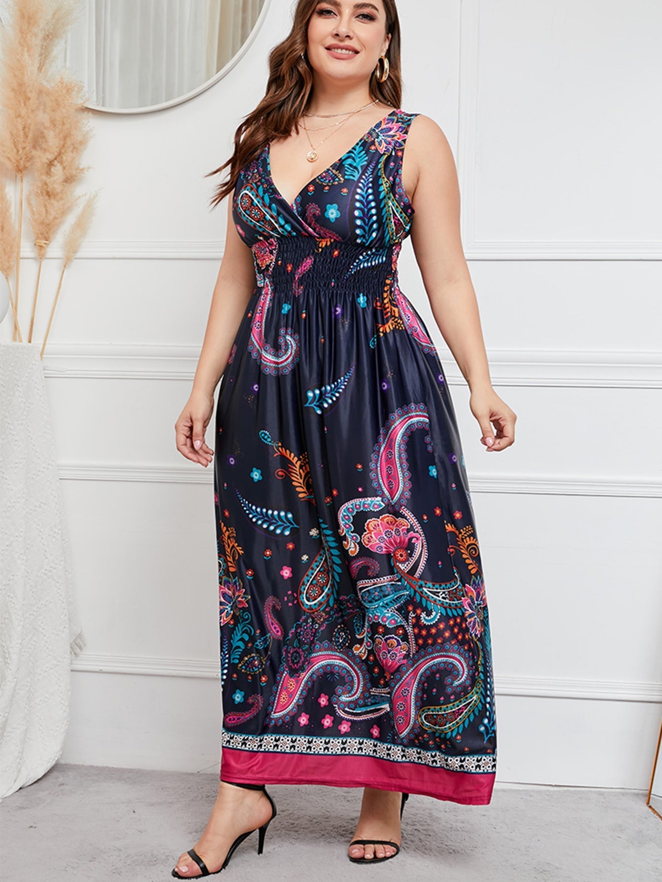 Plus Size Surplice Neck Smocked Waist Maxi Dress Sai Feel