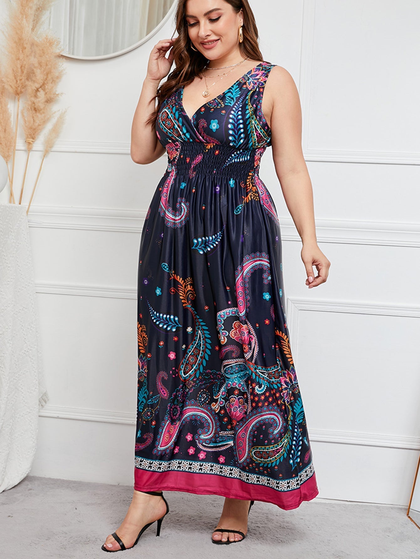 Plus Size Surplice Neck Smocked Waist Maxi Dress Sai Feel