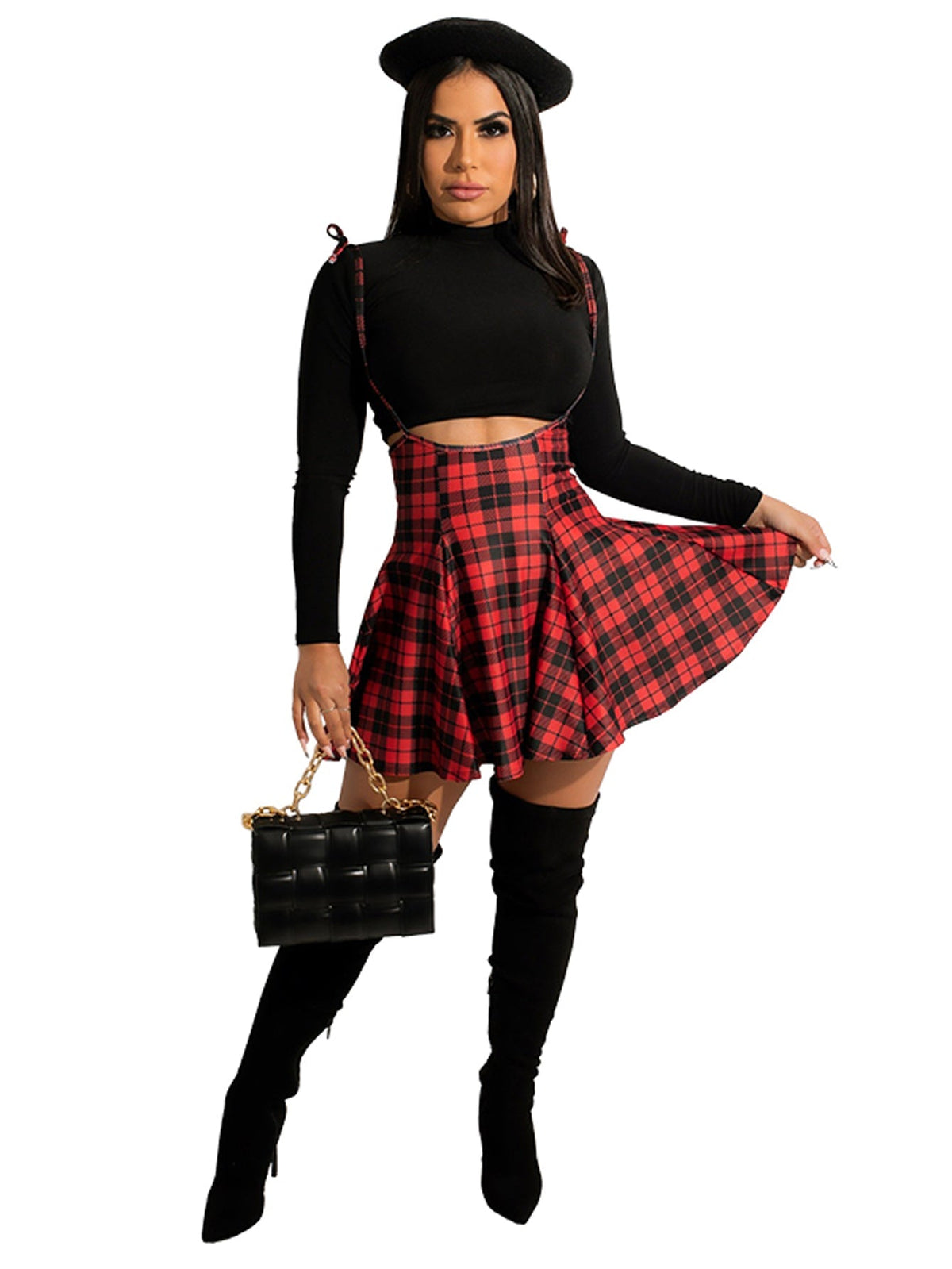 Plus Size Turtleneck Crop Top & Plaid Skirt Set Sai Feel