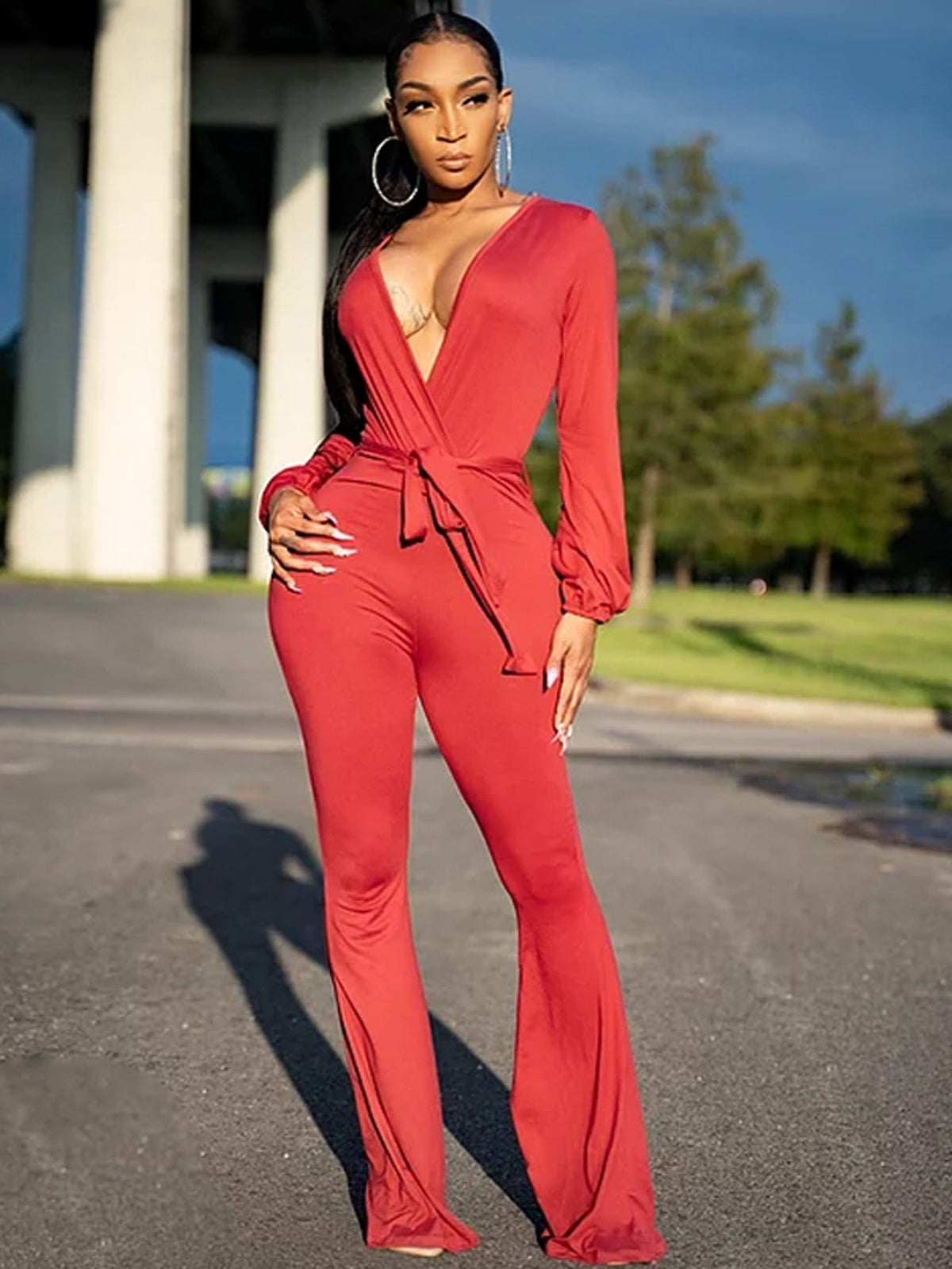 Plus Size V Neck Solid Jumpsuit Sai Feel