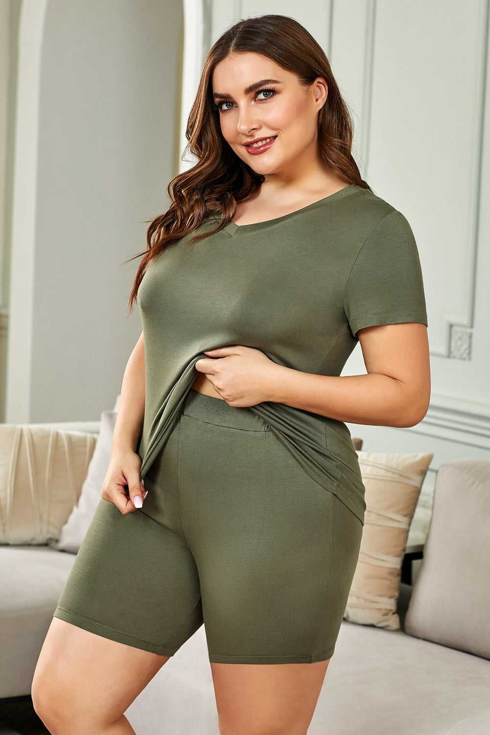 Plus Size V Neck T-shirt and Shorts Loungewear Sai Feel