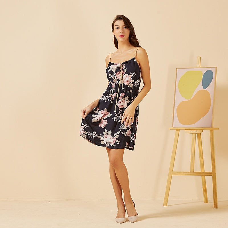 Plus Size Women Floral Dress Spaghetti Strap Collect Waist A-line Summer Mini Dress Sai Feel