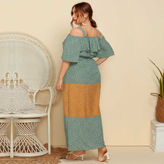 Plus Size Women Flounces Contrast Color Loose Flower Skirt Long Dress Sai Feel